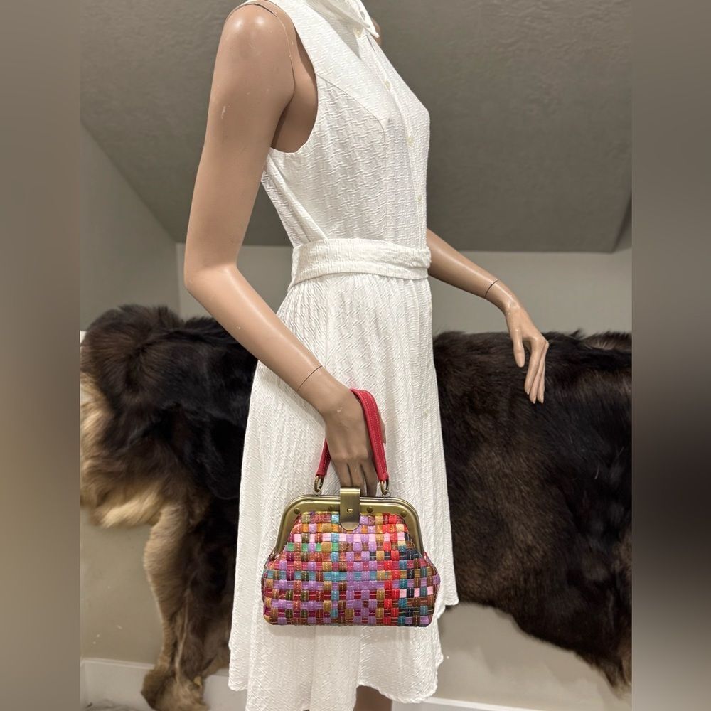 Colorful Woven Cowhide Leather Retro Metal Frame & Push Lock Handbag, Crossbody - Picture 6 of 14